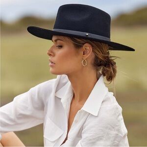 All Saints Long Brim Rivet Logo Wool Western Fedora NWT Black
